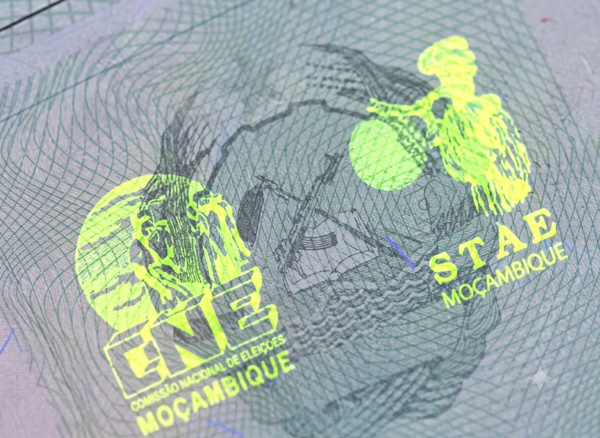 Macro photograph of UV security ink glowing under ultraviolet light on security certificate paper