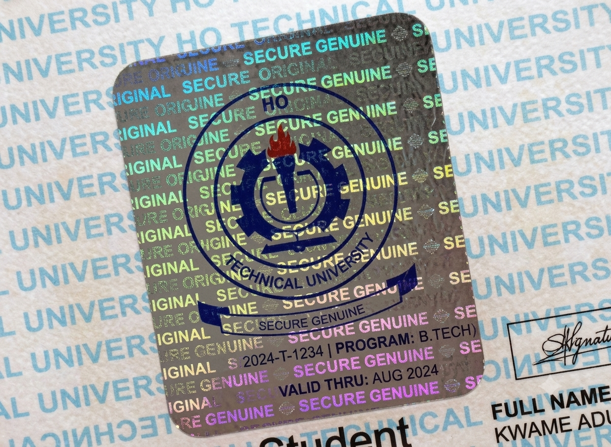 Macro photograph of holographic seal catching light on security certificate paper