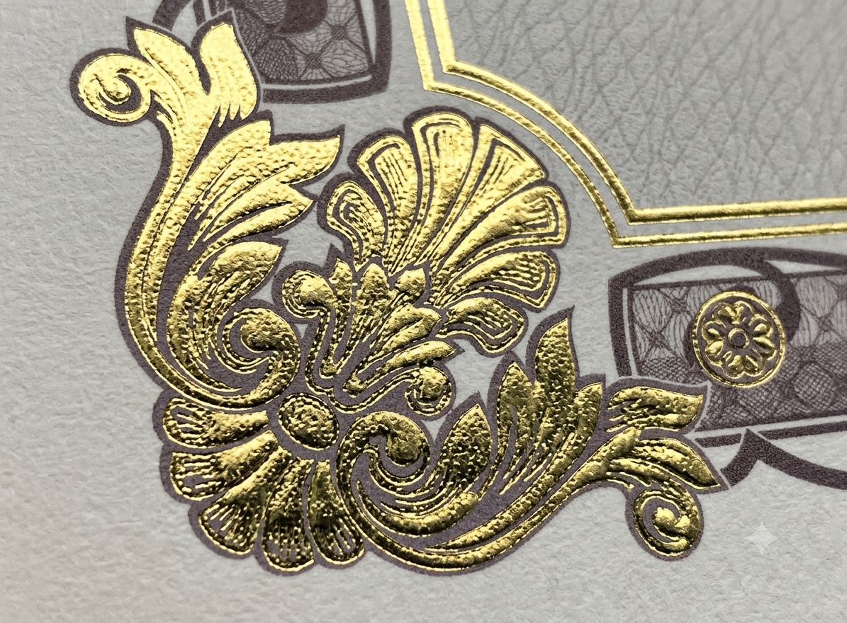 Macro photograph of raised gold foil embossing on security certificate paper
